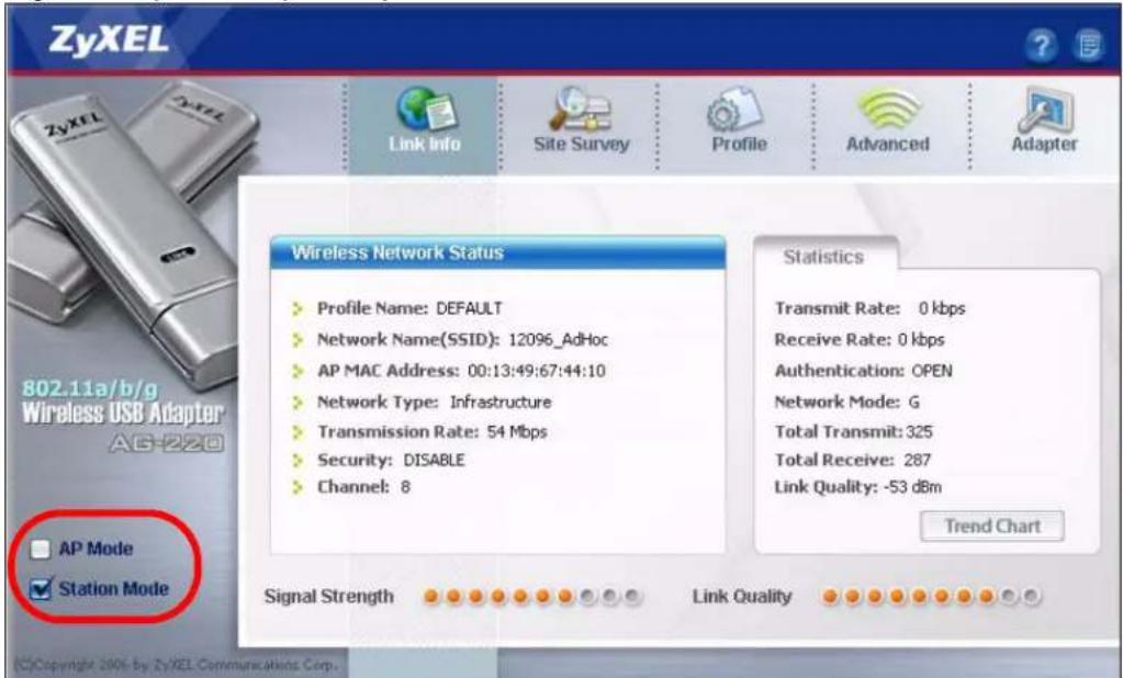 ZyXEL Link Info Site Survey Profile Advanced Adapter Wireless Network Status Profile Name: DEFAULT Network Name(SSID): 12096_AdHoc AP MAC Address: 00:13:49:67:44:10 Network Type: Infrastructure Transmission Rate: 54 Mbps Security: DISABLE Channel: 8 Statistics Transmit Rate: 0 kbps Receive Rate: 0 kbps Authentication: OPEN Network Mode: G Total Transmit: 325 Total Receive: 287 Link Quality: -53 dBm Trend Chart Signal Strength Link Quality ©Copyright 2006 by ZyXEL Communications Corp.