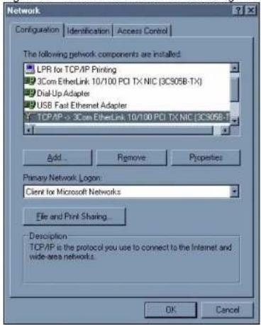 Network Configuration | Identification | Access Control | The following network components are installed: LPR for TCP/IP Printing 3Com EtherLink 10/100 PCI TX NIC (3CS05B-TX) Dial-Up Adapter USB Fast Ethernet Adapter TCP/IP > 3Com EtherLink 10/100 PCI TX NIC (3CS05B-TX) Add... Remove Properties Primary Network Logon Client for Microsoft Networks File and Print Sharing... Description TCP/IP is the protocol you use to connect to the Internet and wide-area networks. OK Cancel