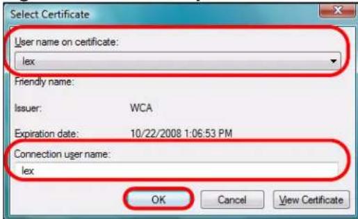 Select Certificate User name on certificate: lex Friendly name: Issuer: WCA Expiration date: 10/22/2008 1:06:53 PM Connection user name: lex OK Cancel View Certificate