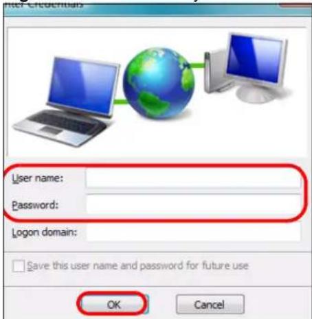 User credentials User name: Password: Logon domain: Save this user name and password for future use OK Cancel