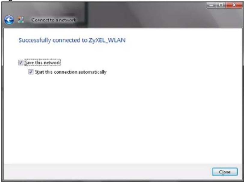 Connect to a network Successfully connected to ZyXEL_WLAN ✓ Save this network ✓ Start this connection automatically Close