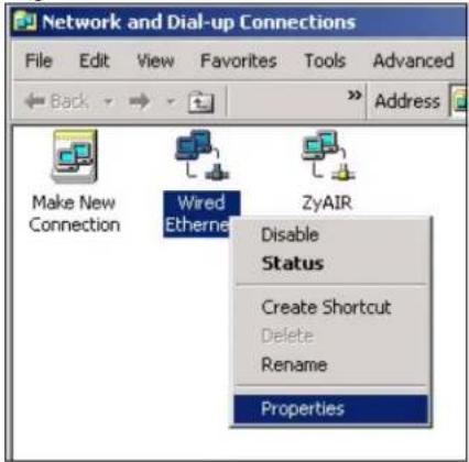 Network and Dial-up Connections File Edit View Favorites Tools Advanced Back >> Address Make New Connection Wired Ethernet ZyAIR Disable Status Create Shortcut Delete Rename Properties