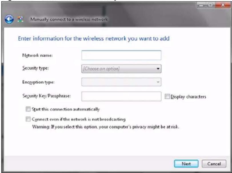 Manually connect to a wireless network Enter information for the wireless network you want to add Network name: Security type: [Choose an option] Encryption type: Security Key/Passphrase: Display characters Start this connection automatically Connect even if the network is not broadcasting Warning: If you select this option, your computer's privacy might be at risk. Next Cancel
