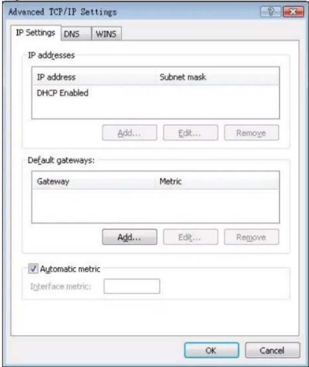 Advanced TCP/IP Settings IP Settings DNS WINS IP addresses IP address Subnet mask DHCP Enabled Add... Edit... Remove Default gateways: Gateway Metric Add... Edit... Remove ✓ Automatic metric Interface metric: OK Cancel