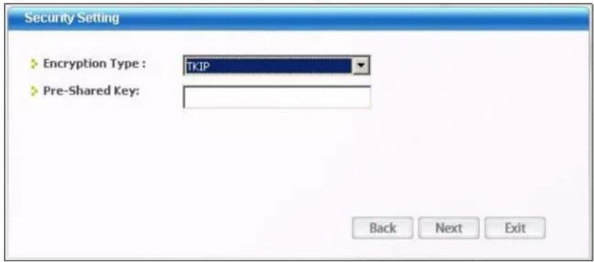 Security Setting Encryption Type : TKIP Pre-Shared Key: Back Next Exit