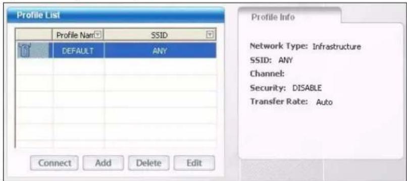 Profile List Profile Name SSID DEFAULT ANY Connect Add Delete Edit Profile Info Network Type: Infrastructure SSID: ANY Channel: Security: DISABLE Transfer Rate: Auto