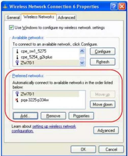 Wireless Network Connection 6 Properties General Wireless Networks Advanced Use Windows to configure my wireless network settings Available networks: To connect to an available network, click Configure. cpe_sw1_5275 cpe_5254_g2kplus Zw70-1 Configure Refresh Preferred networks: Automatically connect to available networks in the order listed below: Zw70-1 pqa-3225-p334w Move up Move down Add... Remove Properties Learn about setting up wireless network configuration. Advanced OK Cancel