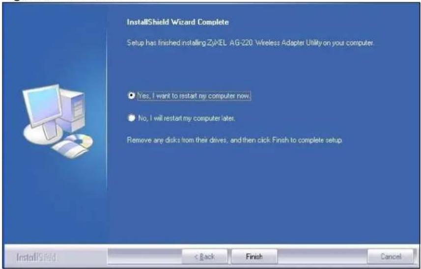 InstallShield Wizard Complete Setup has finished installing ZoXEL AG-220 Wireless Adapter Utility on your computer. Yes, I want to restart my computer now. No, I will restart my computer later. Remove any disks from their drives, and then click Finish to complete setup.