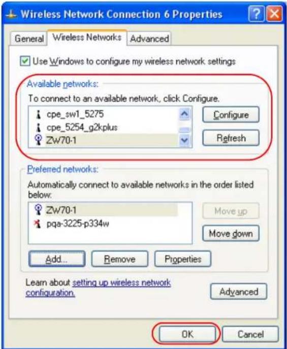 Wireless Network Connection 6 Properties General Wireless Networks Advanced Use Windows to configure my wireless network settings Available networks: To connect to an available network, click Configure. cpe_sw1_5275 cpe_5254_g2kplus Zw70-1 Configure Refresh Preferred networks: Automatically connect to available networks in the order listed below: Zw70-1 pqa-3225-p334w Move up Move down Add... Remove Properties Learn about setting up wireless network configuration. Advanced OK Cancel