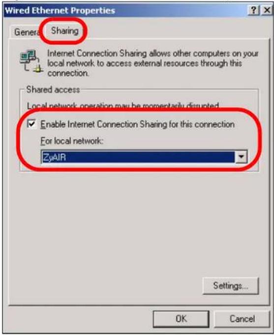 Wired Ethernet Properties General Sharing Internet Connection Sharing allows other computers on your local network to access external resources through this connection. Shared access Local network operation may be momentarily disrupted. Enable Internet Connection Sharing for this connection For local network: ZvAIR Settings... OK Cancel