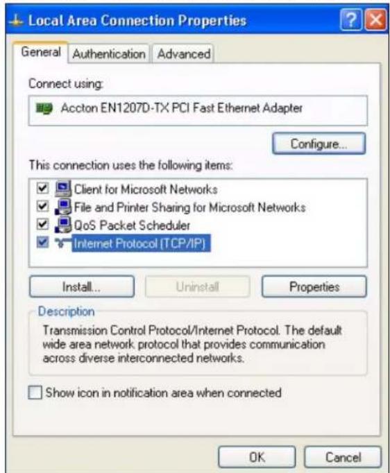 Local Area Connection Properties General Authentication Advanced Connect using: Accton EN1207D-TX PCI Fast Ethernet Adapter Configure... This connection uses the following items: Client for Microsoft Networks File and Printer Sharing for Microsoft Networks QoS Packet Scheduler Internet Protocol [TCP/IP] Install... Uninstall Properties Description Transmission Control Protocol/Internet Protocol. The default wide area network protocol that provides communication across diverse interconnected networks. Show icon in notification area when connected OK Cancel