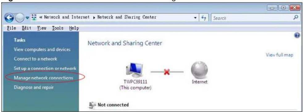 Network and Internet ▶ Network and Sharing Center File Edit View Tools Help Tasks View computers and devices Connect to a network Set up a connection or network Manage network connections Diagnose and repair Network and Sharing Center View full map TWPC89111 (This computer) Internet Not connected