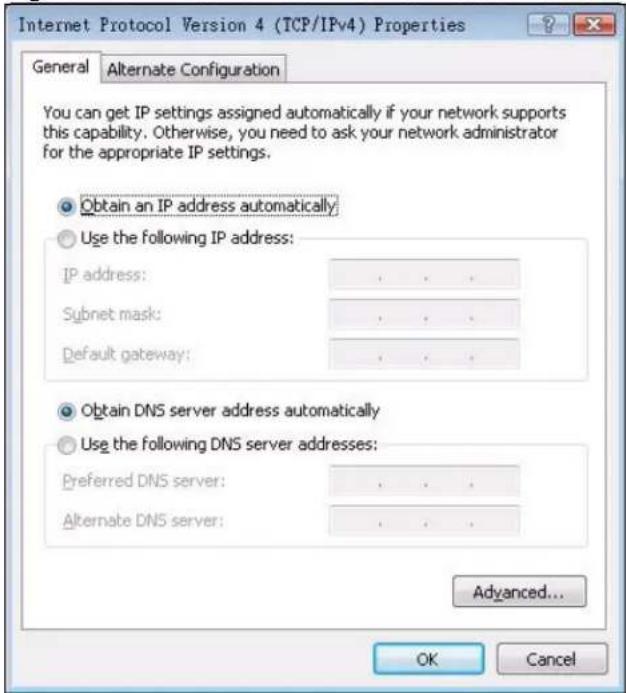 Internet Protocol Version 4 (TCP/IPv4) Properties General Alternate Configuration You can get IP settings assigned automatically if your network supports this capability. Otherwise, you need to ask your network administrator for the appropriate IP settings. Obtain an IP address automatically Use the following IP address: IP address: . Subnet mask: . Default gateway: . Obtain DNS server address automatically Use the following DNS server addresses: Preferred DNS server: . Alternate DNS server: . Advanced... OK Cancel