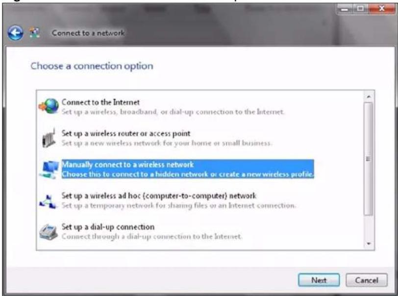 Connect to a network Choose a connection option Connect to the Internet Set up a wireless, broadband, or dial-up connection to the Internet. Set up a wireless router or access point Set up a new wireless network for your home or small business. Manually connect to a wireless network Choose this to connect to a hidden network or create a new wireless profile. Set up a wireless ad hoc (computer-to-computer) network Set up a temporary network for sharing files or an Internet connection. Set up a dial-up connection Connect through a dial-up connection to the Internet. Next Cancel