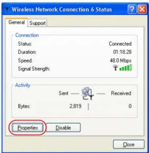 Wireless Network Connection 6 Status General Support Connection Status: Connected Duration: 01:18.28 Speed: 48.0 Mbps Signal Strength: Activity Sent — Received Bytes: 2,819 | 0 Properties Disable Close