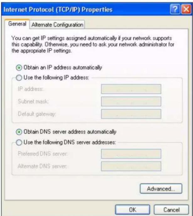 Internet Protocol (TCP/IP) Properties General Alternate Configuration You can get IP settings assigned automatically if your network supports this capability. Otherwise, you need to ask your network administrator for the appropriate IP settings. Obtain an IP address automatically Use the following IP address: IP address: Subnet mask: Default gateway: Obtain DNS server address automatically Use the following DNS server addresses: Preferred DNS server: Alternate DNS server: Advanced... OK Cancel