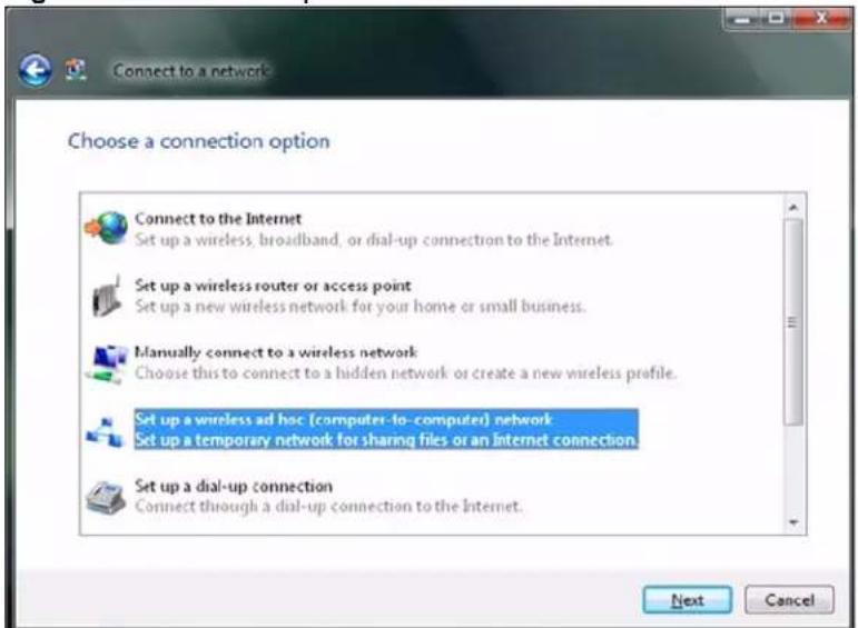 Connect to a network Choose a connection option Connect to the Internet Set up a wireless, broadband, or dial-up connection to the Internet. Set up a wireless router or access point Set up a new wireless network for your home or small business. Manually connect to a wireless network Choose this to connect to a hidden network or create a new wireless profile. Set up a wireless ad hoc (computer-to-computer) network Set up a temporary network for sharing files or an Internet connection. Set up a dial-up connection Connect through a dial-up connection to the Internet. Next Cancel