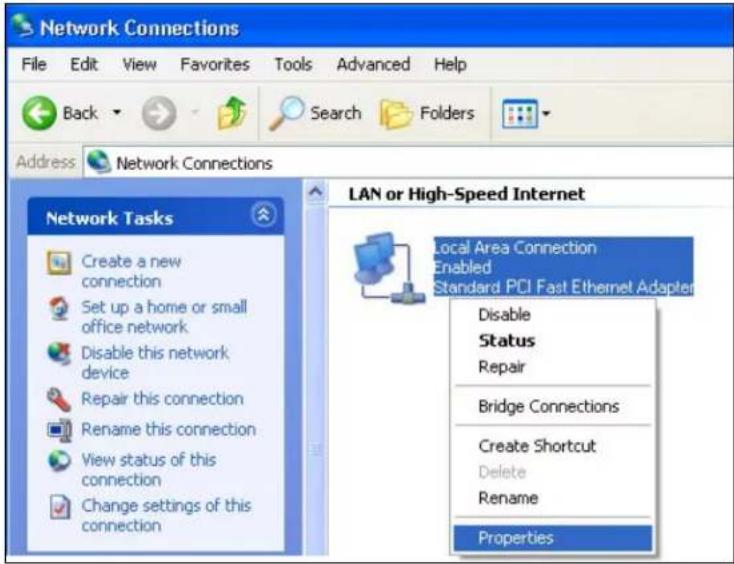 Network Connections File Edit View Favorites Tools Advanced Help Back Search Folders Address Network Connections Network Tasks LAN or High-Speed Internet Create a new connection Set up a home or small office network Disable this network device Repair this connection Rename this connection View status of this connection Change settings of this connection Local Area Connection Enabled Standard PCI Fast Ethernet Adapter Disable Status Repair Bridge Connections Create Shortcut Delete Rename Properties