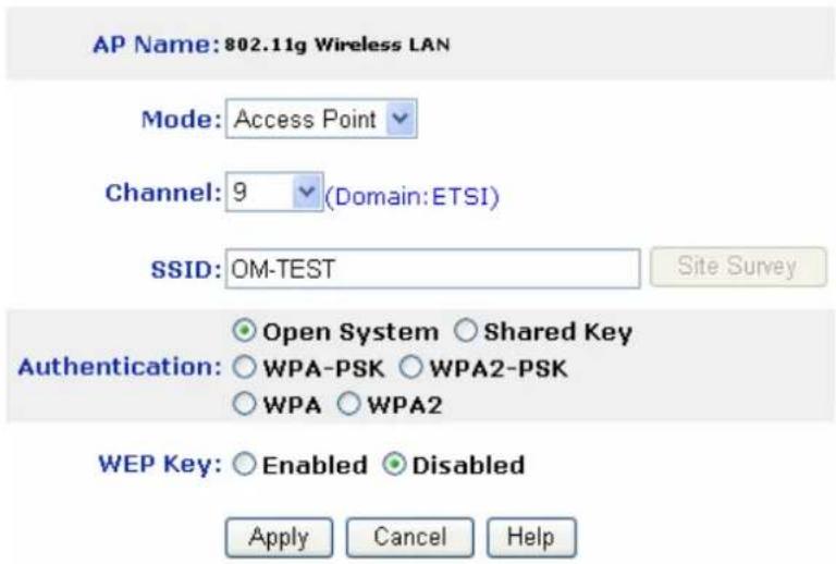 AP Name: 802.11g Wireless LAN Mode: Access Point Channel: 9 (Domain: ETSI) SSID: OM-TEST Site Survey Authentication: Open System Shared Key WEP Key: Enabled Disabled Apply Cancel Help