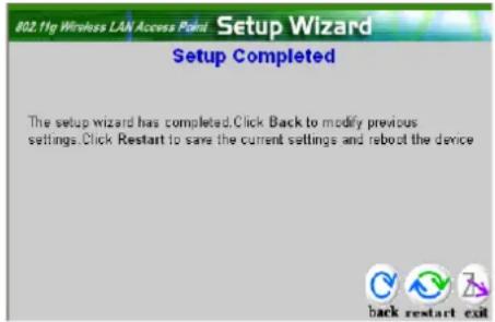 802.11g Wireless LAN Access Point Setup Wizard Setup Completed The setup wizard has completed. Click Back to modify previous settings. Click Restart to save the current settings and reboot the device back restart exit