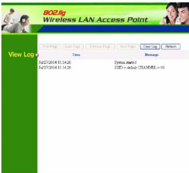 802.lg Wireless LAN Access Point First Page Last Page Previous Page Next Page Clear Log Refresh View Log Time Message Jul/27/2004 11:14:20 System started Jul/27/2004 11:14:20 SSID = default CHANNEL = 06