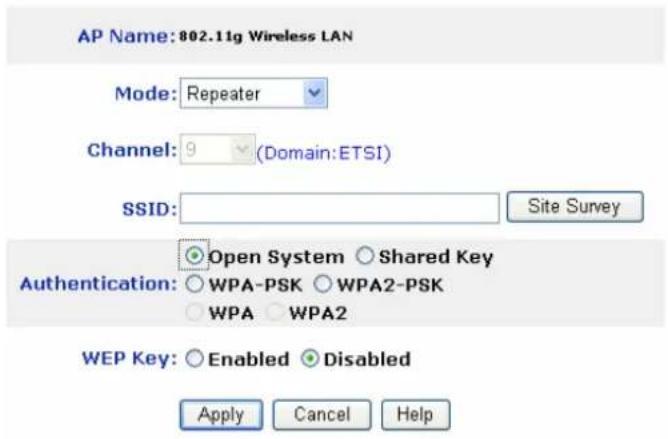 AP Name: 802.11g Wireless LAN Mode: Repeater Channel: 9 (Domain: ETSI) SSID: Site Survey Authentication: Open System Shared Key WPA-PSK WPA2-PSK WPA WPA2 WEP Key: Enabled Disabled Apply Cancel Help