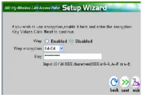 502.1fg Wireless LAN Access Point Setup Wizard If you wish to use encryption enable it here and enter the encryption Key Values. Click Next to continue. Wep Enabled Disabled Wep encryption 64-Edit Key Input 10 / 26 HEX characters(HEX is 0~9, A~F or a~f) back next exit