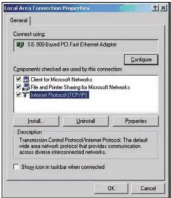 Local Area Connection Properties General Connect using: SIS 900-Based PCI Fast Ethernet Adapter Configure Components checked are used by this connection: ✓ Client for Microsoft Networks ✓ File and Printer Sharing for Microsoft Networks ✓ Internet Protocol [TCP/IP] Install... Uninstall Properties Des…