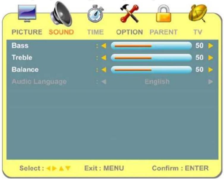 PICTURE SOUND TIME OPTION PARENT TV Bass : 50 Treble : 50 Balance : 50 Audio Language : English Select : Exit : MENU Confirm : ENTER