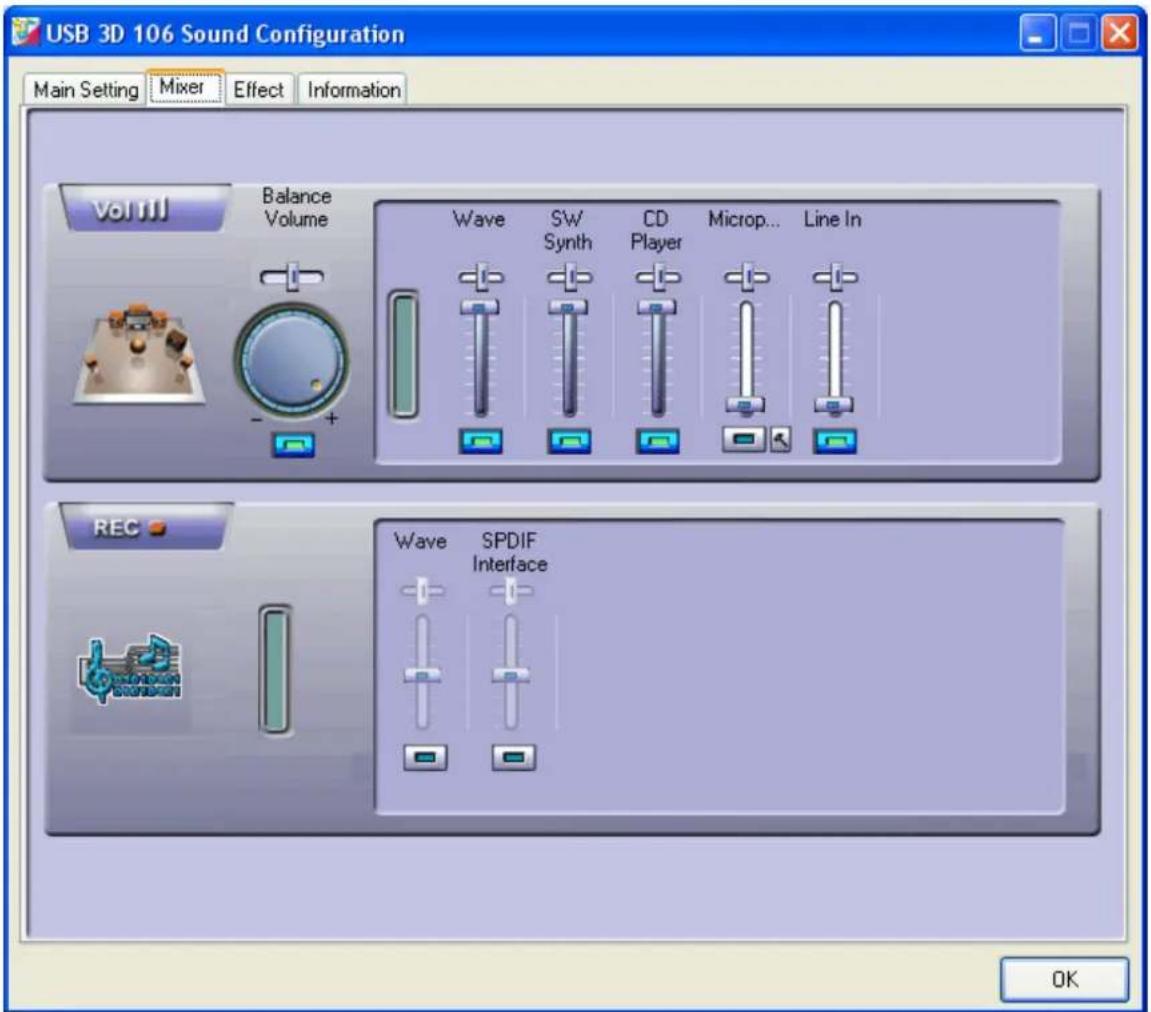 USB 3D 106 Sound Configuration Main Setting Mixer Effect Information Vol mJ Balance Volume Wave SW CD Microp... Line In - + REC Wave SPDIF Interface OK