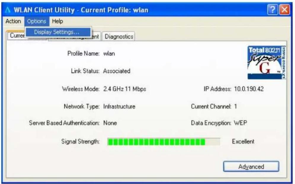 WLAN Client Utility - Current Profile: wlan Action Options Help Display Settings... Current Diagnostics Profile Name: wlan Link Status: Associated Wireless Mode: 2.4 GHz 11 Mbps IP Address: 10.0.190.42 Network Type: Infrastructure Current Channel: 1 Server Based Authentication: None Data Encryption: WEP Signal Strength: Excellent Advanced
