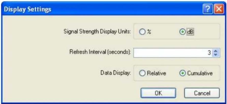 Display Settings Signal Strength Display Units: % dB Refresh Interval (seconds): 3 Data Display: Relative Cumulative OK Cancel