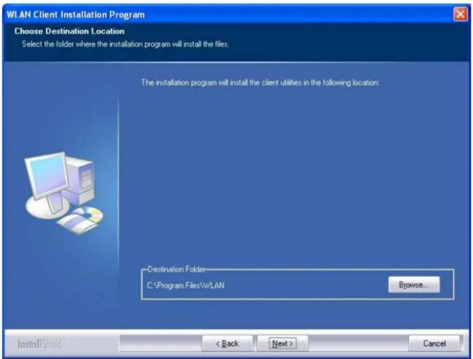 WLAN Client Installation Program Choose Destination Location Select the folder where the installation program will install the files. The installation program will install the client utilities in the following location: Destination Folder C:\Program Files\WLAN Browse... InstallShield < Back Next > Cancel