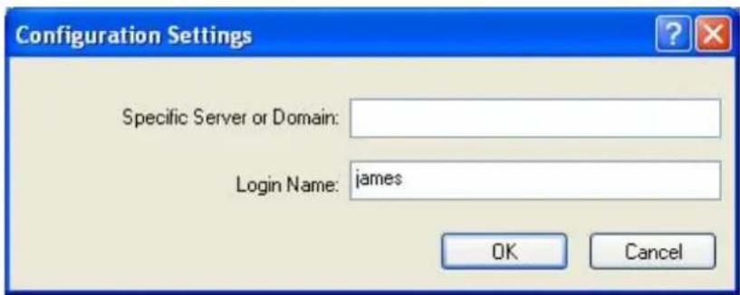 Configuration Settings Specific Server or Domain: Login Name: james OK Cancel