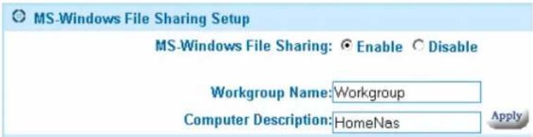 MS-Windows File Sharing Setup MS-Windows File Sharing: Enable Disable Workgroup Name: Workgroup Computer Description: HomeNas Apply
