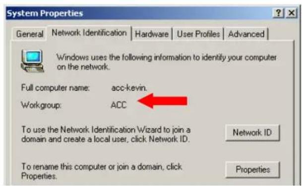 System Properties General Network Identification Hardware User Profiles Advanced Windows uses the following information to identify your computer on the network. Full computer name: acc-kevin. Workgroup: ACC To use the Network Identification Wizard to join a domain and create a local user, click Network ID. Network ID To rename this computer or join a domain, click Properties.