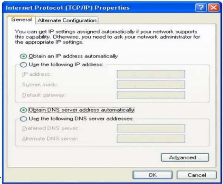 Internet Protocol (TCP/IP) Properties General Alternate Configuration You can get IP settings assigned automatically if your network supports this capability. Otherwise, you need to ask your network administrator for the appropriate IP settings. Obtain an IP address automatically Use the following IP address: IP address: - Subnet mask: - Default gateway: - Obtain DNS server address automatically Use the following DNS server addresses: Preferred DNS server: - Alternate DNS server: - Advanced... OK Cancel