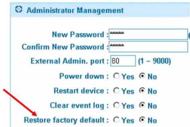 Administrator Management New Password : Yes Confirm New Password : Yes External Admin. port : 80 (1 ~ 9000) Power down : Yes No Restart device : Yes No Clear event log : Yes No Restore factory default : Yes No