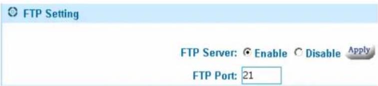 FTP Setting FTP Server: ○ Enable ○ Disable Apply FTP Port: 21