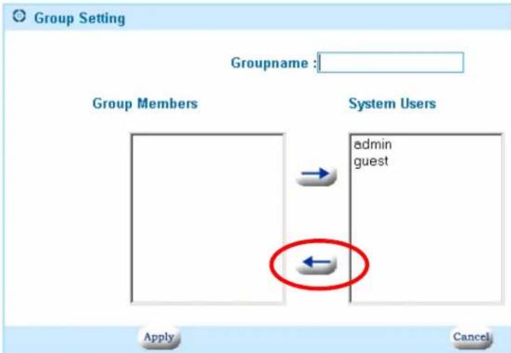 Group Setting Groupname : Group Members System Users admin guest Apply Cancel