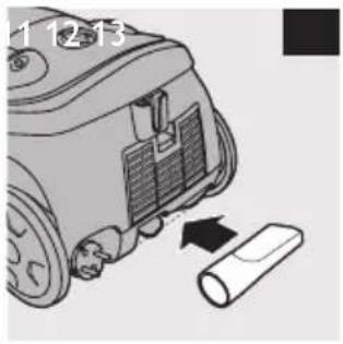 Diagram of a robotic vacuum cleaner with a cylindrical device attached, showing internal components and directional arrows (no text or symbols)