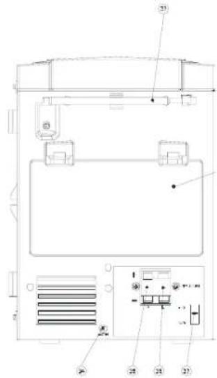 Technical diagram of an electrical enclosure with numbered components and labeled parts