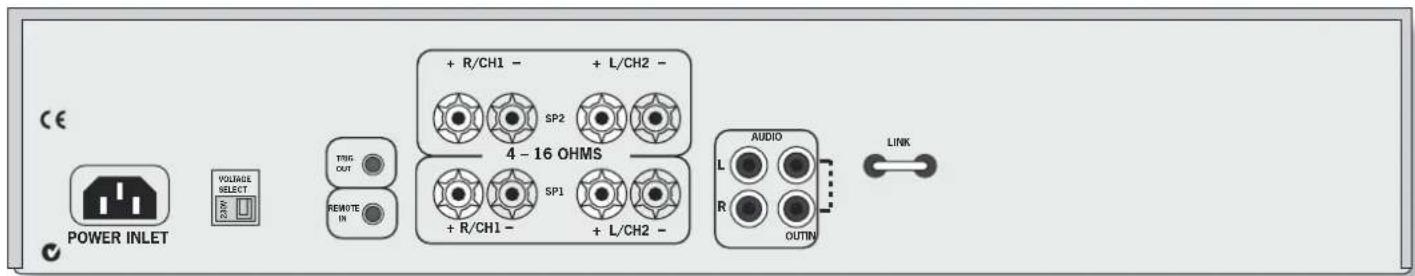 POWER INLET VOLTAGE SELECT T86 OUT REMOTE IN + R/CH1 - SP2 + L/CH2 - 4 - 16 OHMS + R/CH1 - SP1 + L/CH2 - AUDIO L R OUTIN LINK