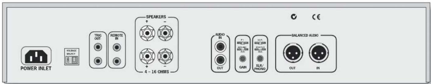 POWER INLET VOLTAGE SELECT TRIG OUT REMOTE IN SPEAKERS + - 4 - 16 OHMS AUDIO IN OUT P1 AVOCADO GAIN XLR/ PHOTO XLR/ PHONO BALANCED AUDIO OUT IN