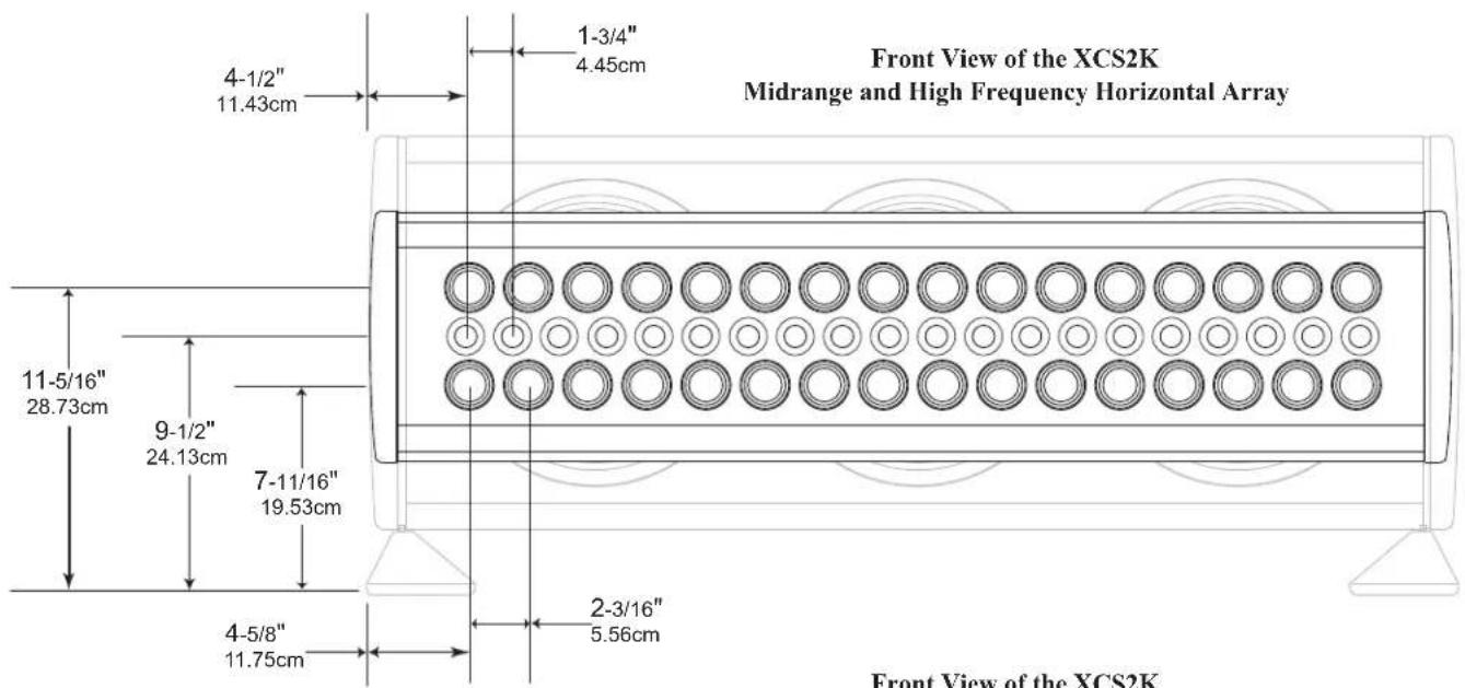Front View of the XCS2K Midrange and High Frequency Horizontal Array 4-1/2" 11.43cm 1-3/4" 4.45cm 11-5/16" 28.73cm 9-1/2" 24.13cm 7-11/16" 19.53cm 4-5/8" 11.75cm 2-3/16" 5.56cm Front View of the XCS2K