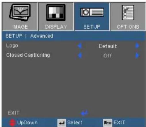 IMAGE DISPLAY SETUP OPTIONS SETUP | Advanced Logo Closed Captioning Default Off EXIT UpDown Select Insert EXIT