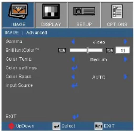 IMAGE | Advanced Gamma BrilliantColor™ Color Temp. Color settings Color Space Input Source Video 10 Medium AUTO EXIT UpDown Select Next EXIT