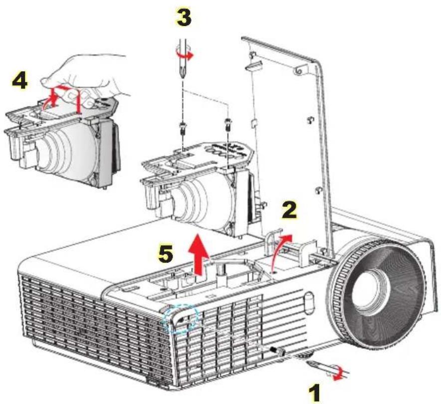 Diagram of an projector assembly with numbered parts and directional arrows indicating components like pin, screw, and adjustment.