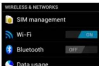 WIRELESS & NETWORKS SIM management Wi-Fi ON Bluetooth OFF Data usage