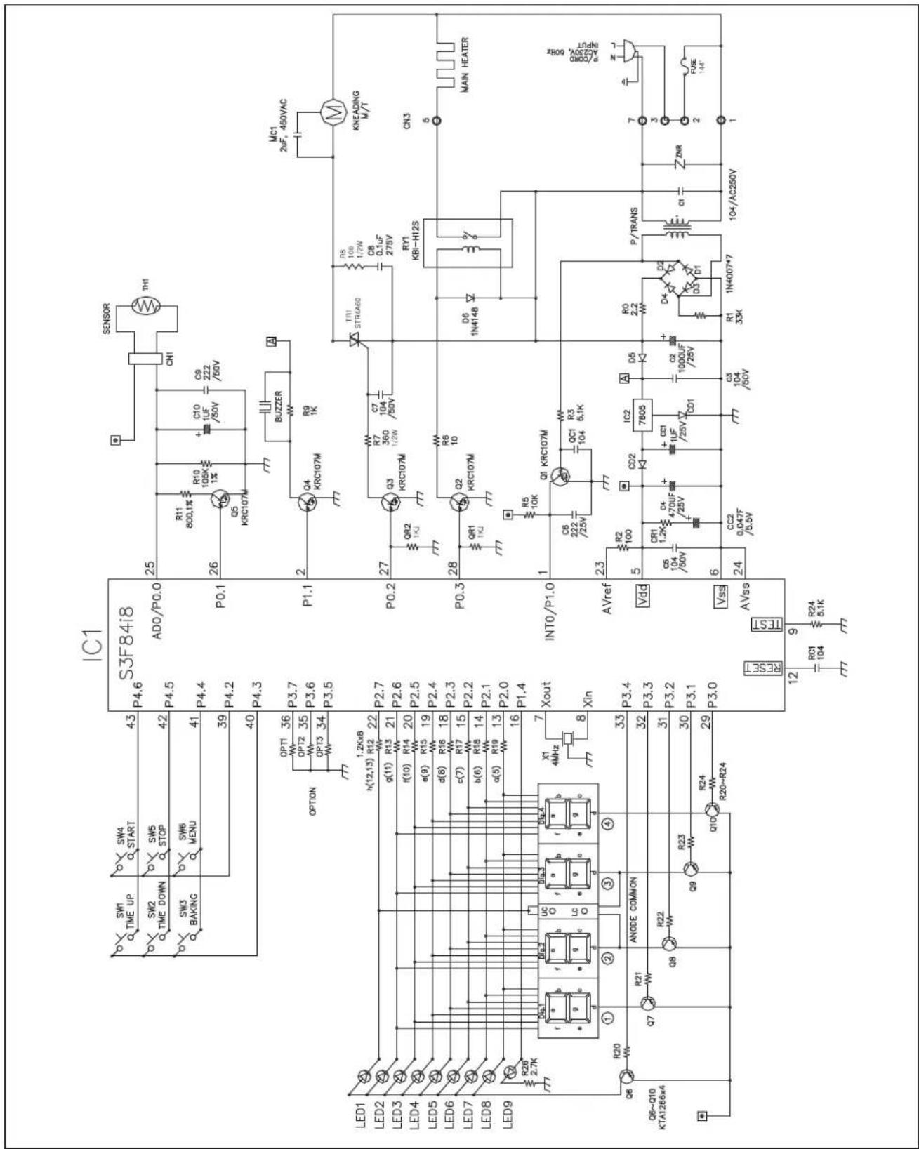 Electrical schematic diagram of S3F84i8 IC with labeled components, wiring, and connections for lighting and control circuits.